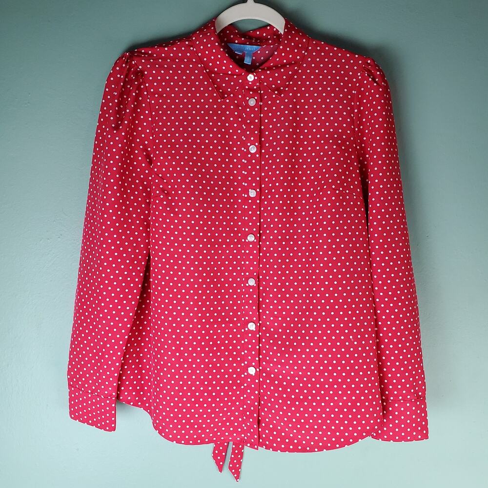 Draper James Womens Red Polka Dot Tie Neck Button Down Blouse Top Size 6